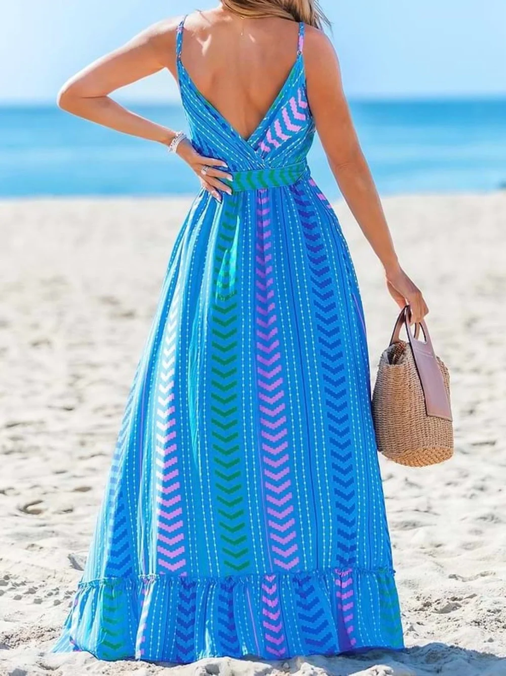 Cupshe Moonlit Stroll Blue Boho Maxi Dress Ruffle Hem Striped NWT Size Small - Picture 7 of 7